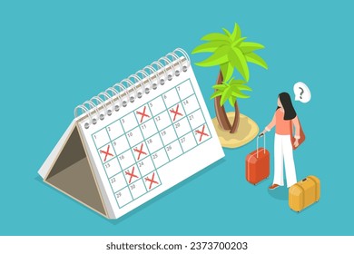 3D Isometric Flat Vector Conceptual Illustration of Holiday or Vacation Calendar