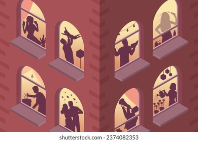 3D Isometric Flat Vector Conceptual Illustration of Windows With Silhouettes