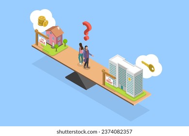 3D Isometric Flat Vector Conceptual Illustration of Buying Vs Renting Property