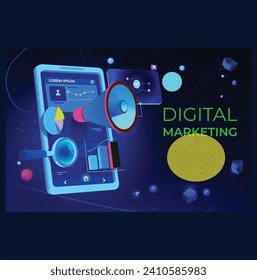 3D Isometric Flat Vector Conceptual Illustration of Digital Marketing.Hand drawn vector illustration background of digital marketing with doodles elementsdigital marketing strategy landing page.