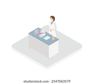 Ilustración conceptual de Vector plano isométrico 3D de clase de química. Laboratorio médico o científico. Carácter de la mujer en el Vector isométrico del laboratorio.