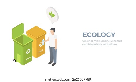 3D Isometric Flat Vector Conceptual Illustration of Collecting Plastic Trash into Recycling Garbage Bin, Polythene Disposable Garbage Problem.