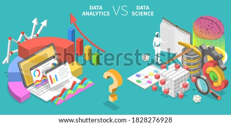 3D Isometric Flat Vector Conceptual of Illustration of Comparison of Data Analytics and Data Science.