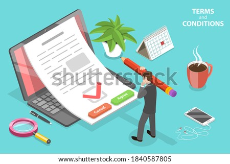 3D Isometric Flat Vector Conceptual Illustration of Terms and Conditions, Business Contract Review and Signing, Priviacy Policy.