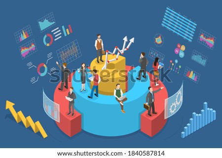 3D Isometric Flat Vector Conceptual Illustration of Statistics and Financial Data Analysis, People are Interacting With Graphs, Charts and Other Statistical Data.