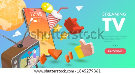 3D Isometric Flat Vector Conceptual Illustration of Mobile Streaming TV, Online Entertainment Service.