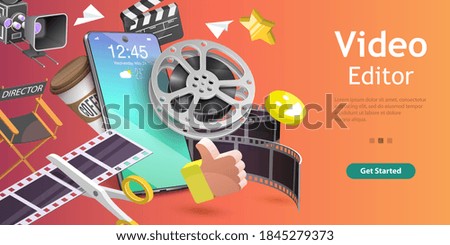 3D Isometric Flat Vector Conceptual Illustration of Mobile Video Editing App, Motion Design Studio Software, Multimedia Production.