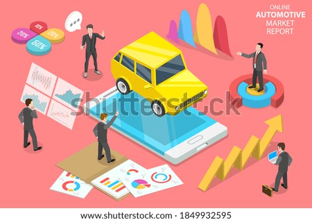 3D Isometric Flat Vector Conceptual Illustration of Mobile Automotive Market Report, Car Market Analysis App.