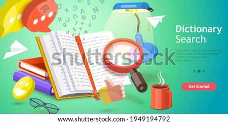 3D Isometric Flat Vector Conceptual Illustration of Dictionary Search.