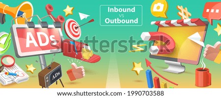 3D Isometric Flat Vector Conceptual Illustration of Inbound vs Outbound Marketing, Pros and Cons of Online and Offline Marketing