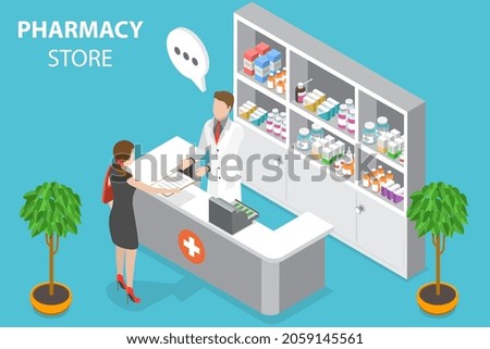 3D Isometric Flat Vector Conceptual Illustration of Pharmacy Store, Healthcare Industry