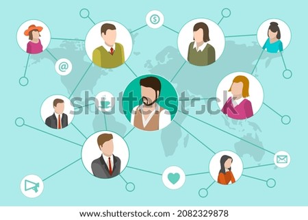 3D Isometric Flat Vector Conceptual Illustration of Social Networking, Distributed Team Working Remotely