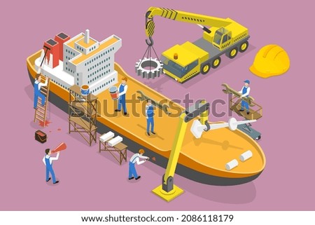 3D Isometric Flat Vector Conceptual Illustration of Shipbuilding, Nautical Vessel Repair and Maintenance