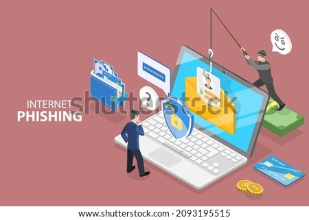 3D Isometric Flat Vector Conceptual Illustration of Internet Phishing, Cyber Fraud Warning, Online Scam Alert