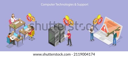 3D Isometric Flat Vector Conceptual Illustration of Computer Technologies, IT Technical Support and Maintenance Services