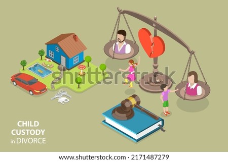 3D Isometric Flat Vector Conceptual Illustration of Child Custody In Divorce, Family Law Separation
