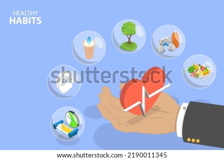 3D Isometric Flat Vector Conceptual Illustration of Healthy Daily Habits, Lifestyle and Wellbeing