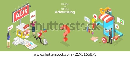 3D Isometric Flat Vector Conceptual Illustration of Online Vs Offline Advertising, Inbound Versus Outbound Marketing