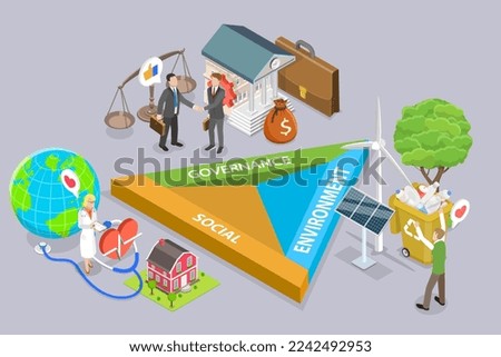 3D Isometric Flat Vector Conceptual Illustration of ESG stands for Environmental, Social, and Corporate Governance, Green Energy, Sustainable Industry