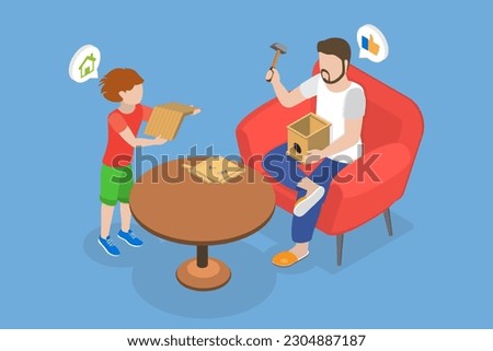 3D Isometric Flat Vector Conceptual Illustration of Bird Booth, Father and Son Spending Time Together