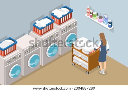 3D Isometric Flat Vector Conceptual Illustration of Hotel Laundry Staff, Cleaning Service