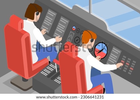 3D Isometric Flat Vector Conceptual Illustration of Airplane Cockpit, Pilots Cabin