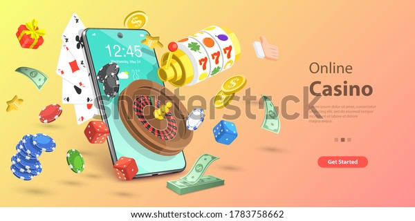 3D Isometric Flat Vector Conceptual Illustration\
of Online Gambling Platform for Live Poker, Roulette, Slot Machine\
and Dices, Internet Casino.