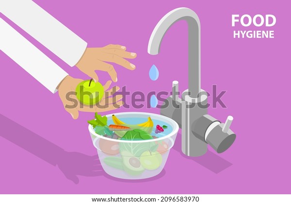 3D Isometric Flat Vector\
Conceptual Illustration of Food Hygiene, Washing Vegetables and\
Fruits