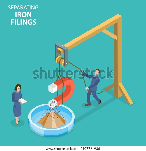3D Isometric Flat Vector Conceptual\
Illustration of Separating Iron Filings, Educational Experiment\
Showing of Magnetic\
Properties