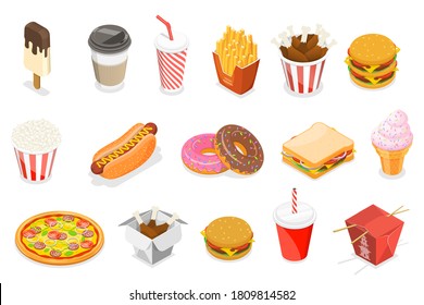 3D Isometric Flat Vector Food Icon Set For Hot Dog, Burger, Donut, Ice Cream, Pizza, French Fries, Coffee, Soda, Chicken Bucket, Sandwich, Asian Food.