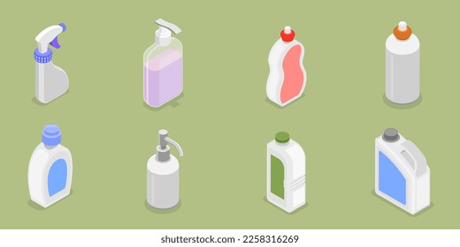 3D Isometric Flat Vector Icon of Detergent Product Plastic Bottles Set, Household Products