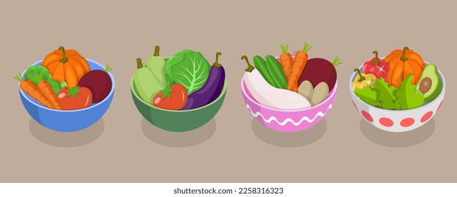 3D Isometric Flat Vector Icon of Vegetable Bowls Set, Fresh and Healthy Food svg