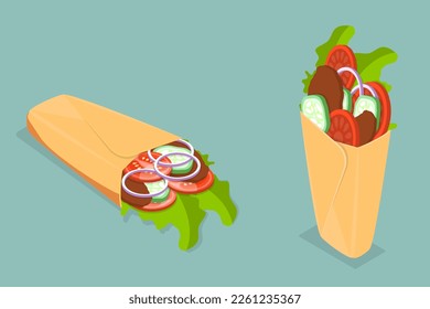 3D Isometric Flat Vector Icon of Shawarma Sandwich, Kebab or Burrito