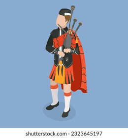 3D Isometric Flat Vector Icon of Scottish Bagpiper, Character in National Clothes