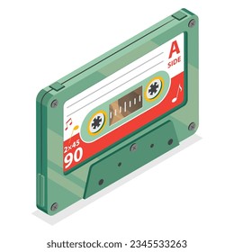 3D Isometric Flat Vector Icon of Audio Cassette, Retro Music Tape