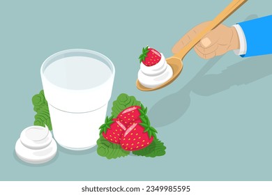 3D Isometric Flat Vector Icon of Yoghurt, Sweet Dairy Product