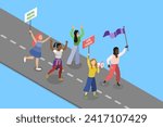 3D Isometric Flat Vector Illustration of Angry Feminist Protester , Group of Diverse People at Picket