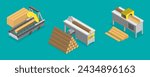 3D Isometric Flat Vector Illustration of Sawmill, Furniture Making Tools and Processes