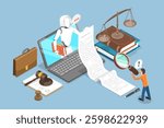 3D Isometric Flat Vector Illustration of AI-Driven Legal Services, Law and Crime Research with Rech Research