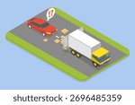 3D Isometric Flat Vector Illustration of Road Accident, Boxes Spilled From Truck Into Passing Car Due To Door Being Left Unlocked
