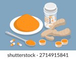 3D Isometric Flat Vector Illustration of Curcumin, Supplements And Turmeric Herb Powder Or Pills