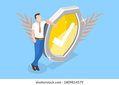 3D Isometric Flat Vector Illustration of Man with a Shield as Concept of Protection, Confidence and Obstacles Overcoming.