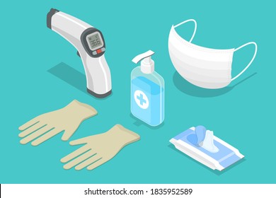 3D Isometric Flat Vector Illustration Covid 19 Minimal Protective Package, Medical Gloves And Mask, Hand Sanitizer, Wet Wipes, PPE - Personal Protective Equipment.