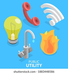 3D Isometric Flat Vector Illustration Of Utility Services Icon Set, Electricity, Water, Gas, Wifi, Telephone.