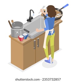 3D Isometric Flat Vector Illustration of Messy vs Clean Kitchen, Household Cutlery Before and After Wash. Item 1