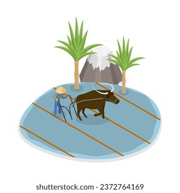 Isometric Flat Vector Isometric Ilustración de Rice Farm. Tema 1