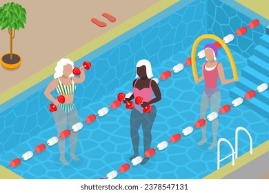 3D Isometric Flat Vector Illustration of Seniors Swimming in a Pool