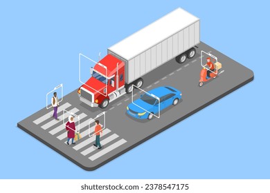 3D Isometric Flat Vector Illustration of Vehicle Recognition