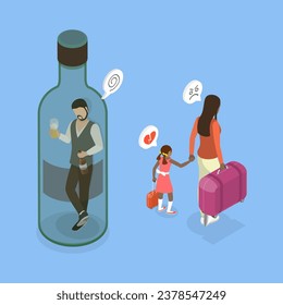 3D Isometric Flat Vector Illustration of Leaving a Drinking Husband