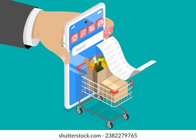 3D Isometric Flat Vector Illustration of Online Supermarket